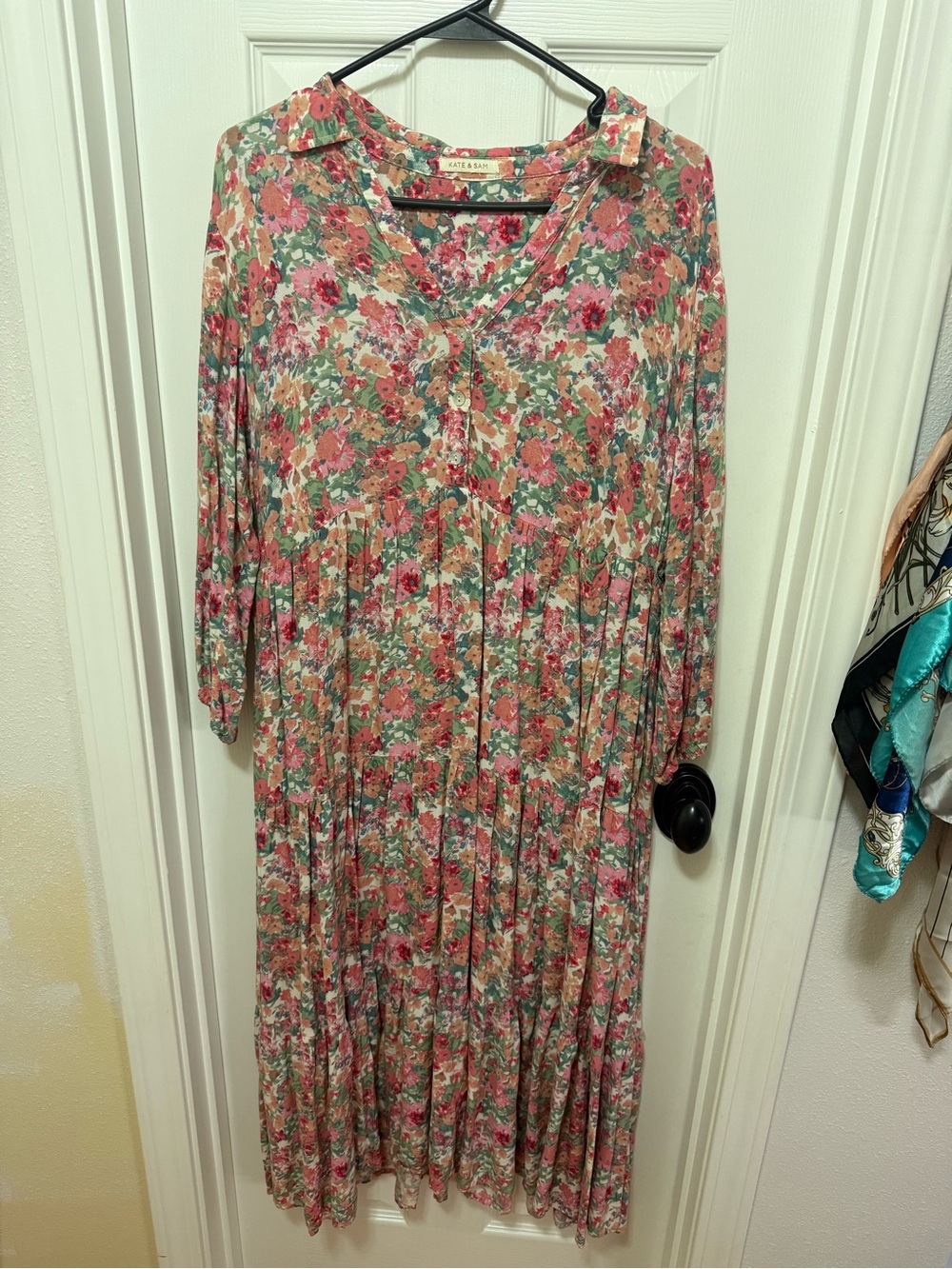 Women's Floral Maxi Dress in Pink Green - Lightweight V-Neck
